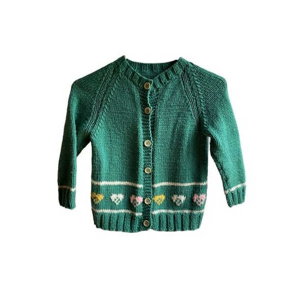 Vtg handmade girls button down cardigan heart and cats green - Picture 1 of 4